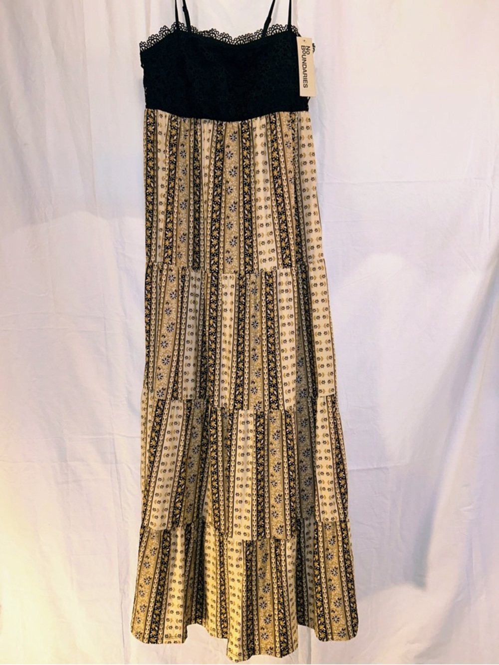 No Boundaries Black & Cream Printed Tiered Maxi Skirt